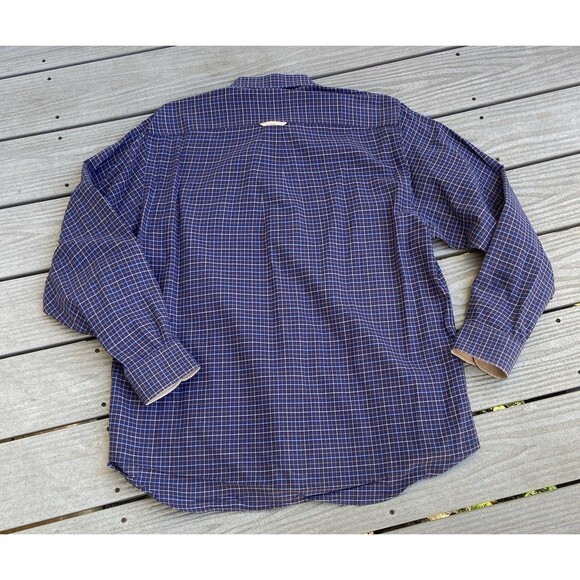 Barbour Mens Large Country Check Shirt Navy Blue Tan Plaid Cotton Corduroy Cuffs - Picture 10 of 14